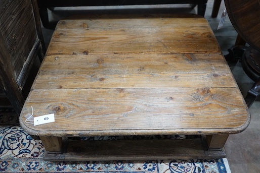 A French provincial rectangular pine coffee table, incorporating old timber, length 83cm, height 30cm